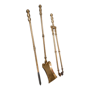 Antique Fire Tool Set, English, Brass, Shovel, Tongs, Poker, Victorian, c.1870