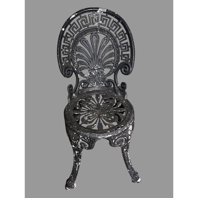 Pair Vintage Cast Aluminum Patio Garden Chairs Greek Key Shell Back Black Metal Description: Add timeless elegance to your...