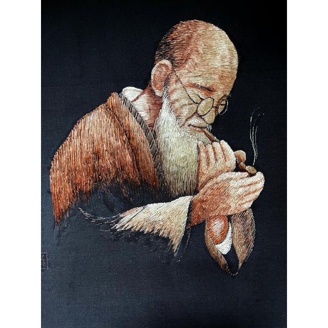 Pair of Framed Japanese Embroidery Art Portraits For Sale - Image 14 of 17