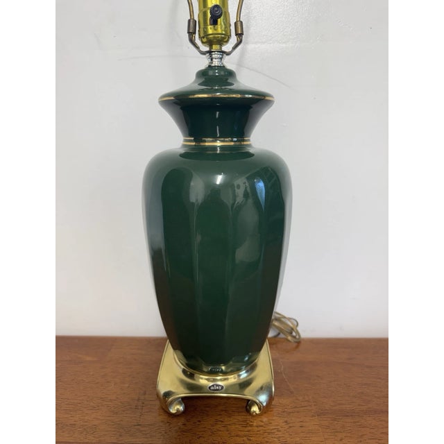 Mid Century Hollywood Regency Green Ceramic Table Lamp Brass Base Vintage 30” Tall For Sale - Image 4 of 12