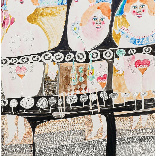 Pink, sky blue, yellow, and black abstract modern figurative drawing by Houston, TX artist Charles Pebworth. The drawing...