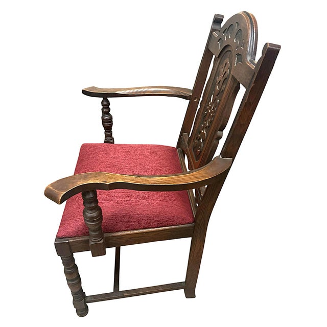 Spanish Revival Antique 1920s Spanish Revival Oak Dining Chairs With New Burgundy Seat Upholstery - Set of 6 For Sale - Image 3 of 7