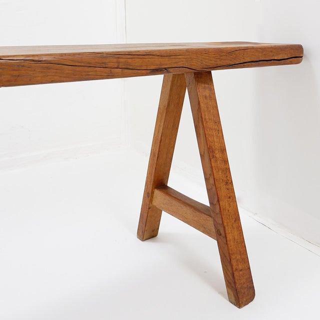 Rustic Wood Farmhouse Bench with Trestle Legs, 1960s For Sale - Image 14 of 18