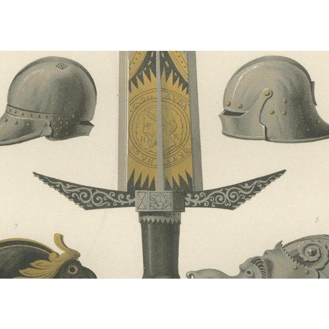 19th Century After Rivaud, Medieval Helmets and a German Sword, 1851, Chromolithograph For Sale - Image 5 of 9