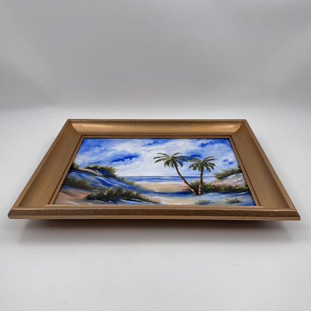 Wood Coastal Palm Tree Beach Original Painting in Gold Frame For Sale - Image 7 of 12