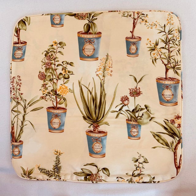 English Hand-Printed European Fabricut Vervain Botanique Green Rusty-Red Turquoise Yellow Botanical Potted Floral Pillow Covers- 22" Pair For Sale - Image 3 of 7