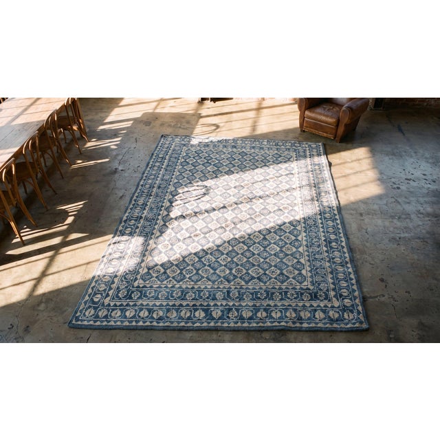 1920s Blue White Geometric Antique Indian Agra Cotton Carpet 4' X 7' Handknotted Rug For Sale - Image 10 of 11