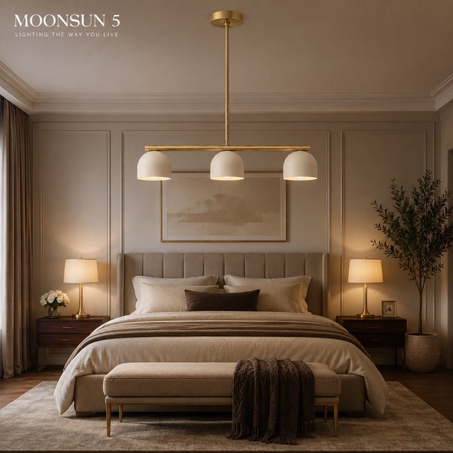 Modern Linear Chandelier 3 Light, Matte Off White Dome Pendant Light Brass Dining Room Fixture, Kitchen Island Lighting, Minimalist Light For Sale - Image 4 of 16