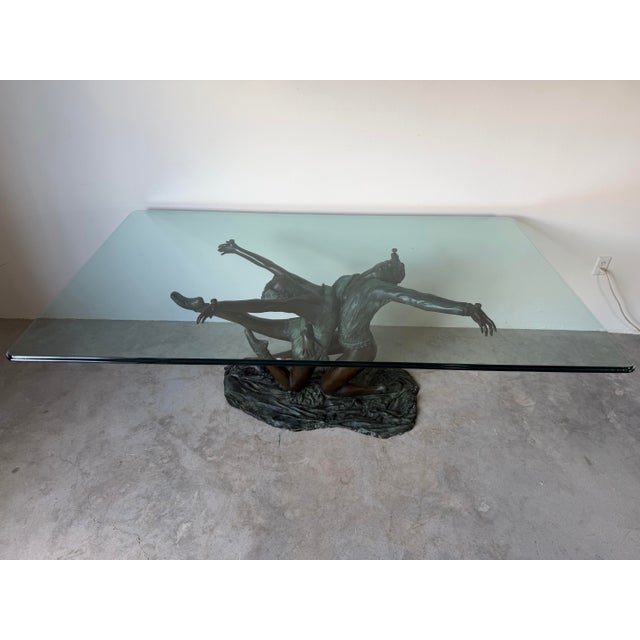 1970s Vintage Léela Art Sculptural Bronze Ballet Dancers Dining Table Base With Beveled Glass Top For Sale - Image 5 of 13