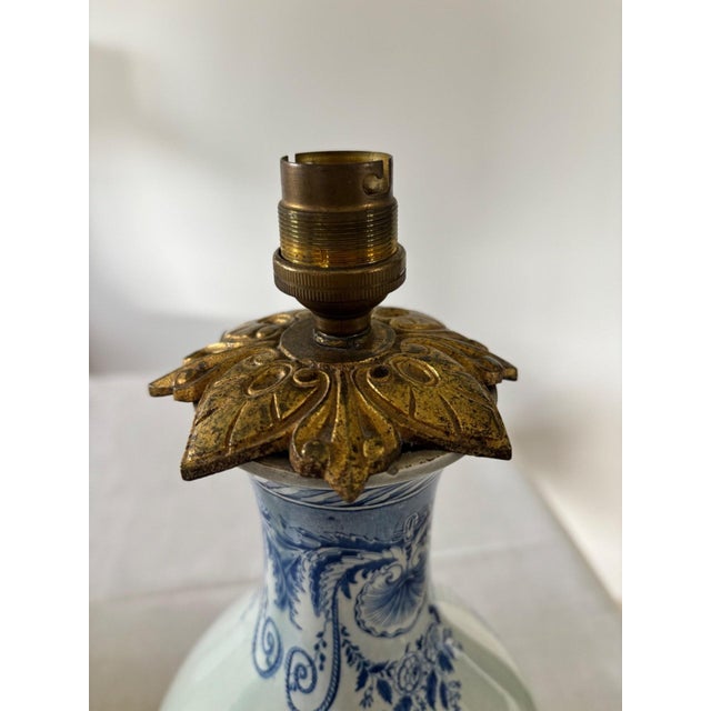 Lamp in Blue Earthenware with Bronze Tripod Base and Passementerie Lampshade, 19th Century For Sale - Image 9 of 10