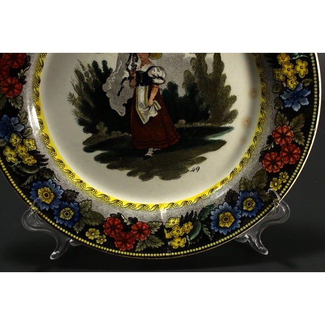 Ceramic 1830s Creil Et Montreau French Faience Polychrome Transfer Plate Country Girl For Sale - Image 7 of 14