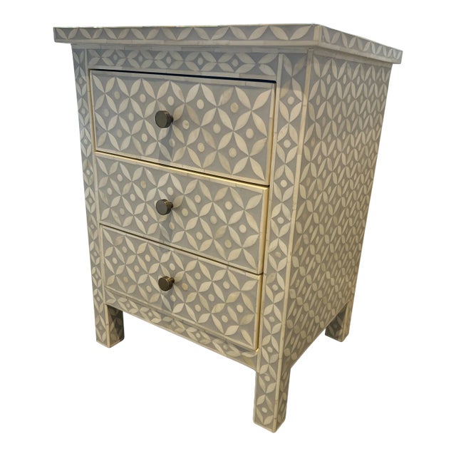 Rh Seashell Inlay Night Stand With Gold Brass Drawer Pulls - Grey, Off White For Sale
