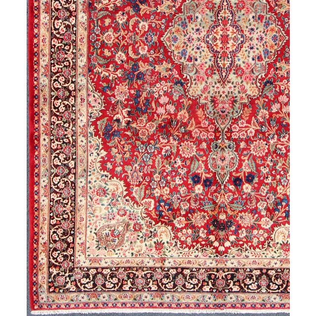 Vintage Persian Mashad rug with ornate floral medallion design in red, cream, and onyx, Keivan Woven Arts / rug H-401-9,...