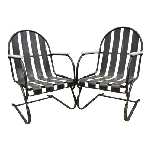 Pair Vintage Art Deco Black and White Steel Metal Slat Patio Bouncer Chairs