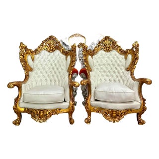 Baroque Style King Throne Chair – Off-White Leather Upholstery For Sale