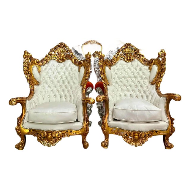 Baroque Style King Throne Chair – Off-White Leather Upholstery For Sale