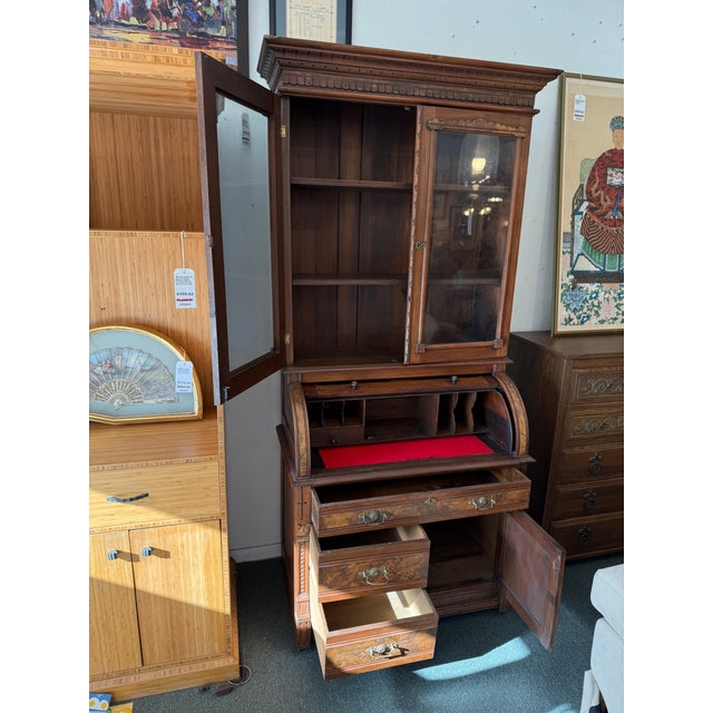 Antique Eastlake Burl Wood Cylindrical Secretary For Sale - Image 4 of 12