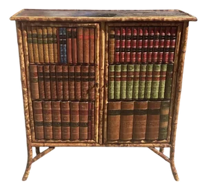 English Victorian Bamboo Bookcase With Book Binding Doors