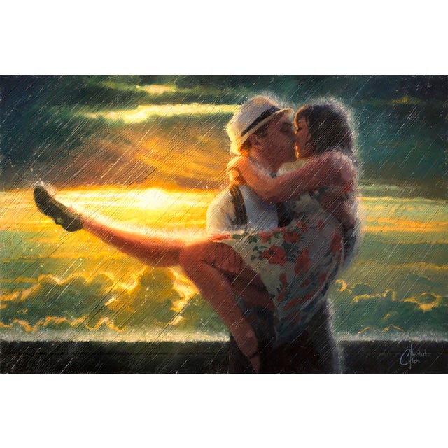 This oil on panel artwork captures a romantic moment between two figures embraced in a passionate kiss, set against a...