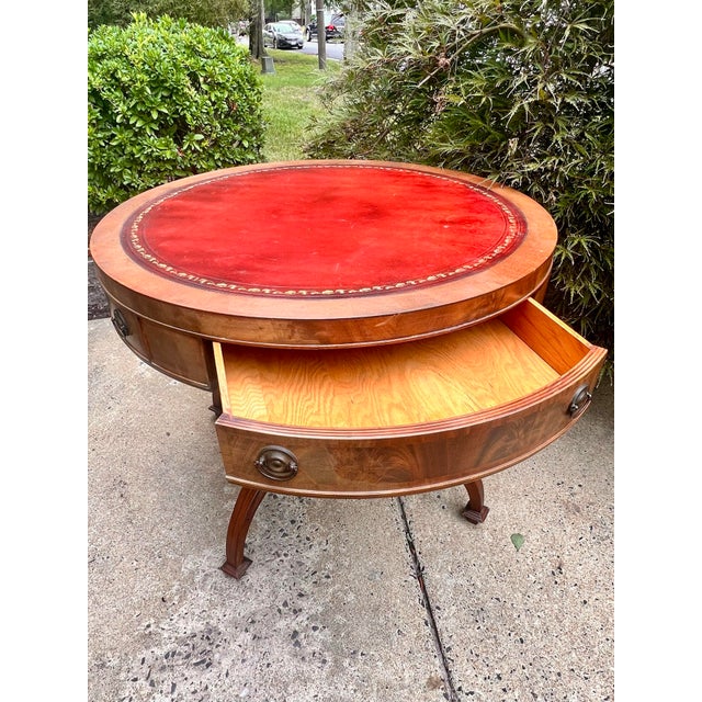 Traditional Vintage Regency Style Mahogany Red Leather Top Drum Table Carved Base For Sale - Image 3 of 9