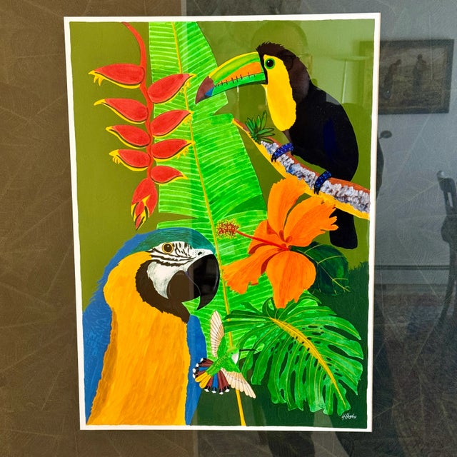 Wood Vintage Original Tropics Print by Y. Hughs of Toucans With Illustrated Matt & Orange Frame For Sale - Image 7 of 12