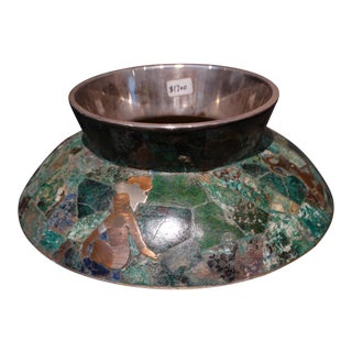 Los Castillo Silver, Copper, Malachite and Lapis Aztec Motif Low Vase For Sale