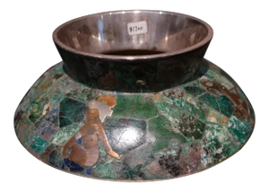 Los Castillo Silver, Copper, Malachite and Lapis Aztec Motif Low Vase