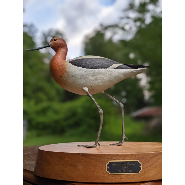 Late 20th Century American Avocet Tim TerMeer 1/30 Hand-Painted Metal Sculpture Spinning Wood Base For Sale - Image 4 of 13