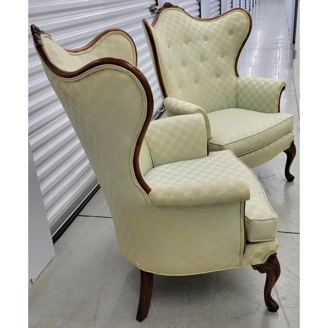 Pair of Mid-Century French Louis XV–Style Carved Walnut Wingback Chairs For Sale - Image 4 of 13