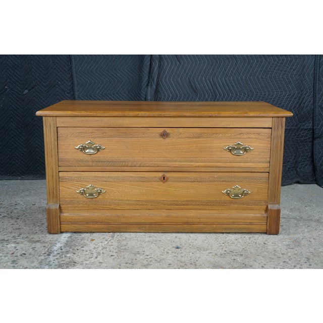 Antique Victorian Oak Two Drawer Lowboy Dresser Blanket Chest Tv Console Bench 43" For Sale - Image 6 of 17
