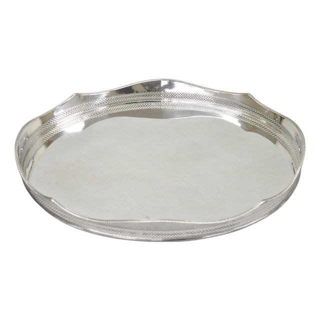 Antique English Edwardian Silver Plated Scalloped Oval Butlers Serving Bar Tray For Sale
