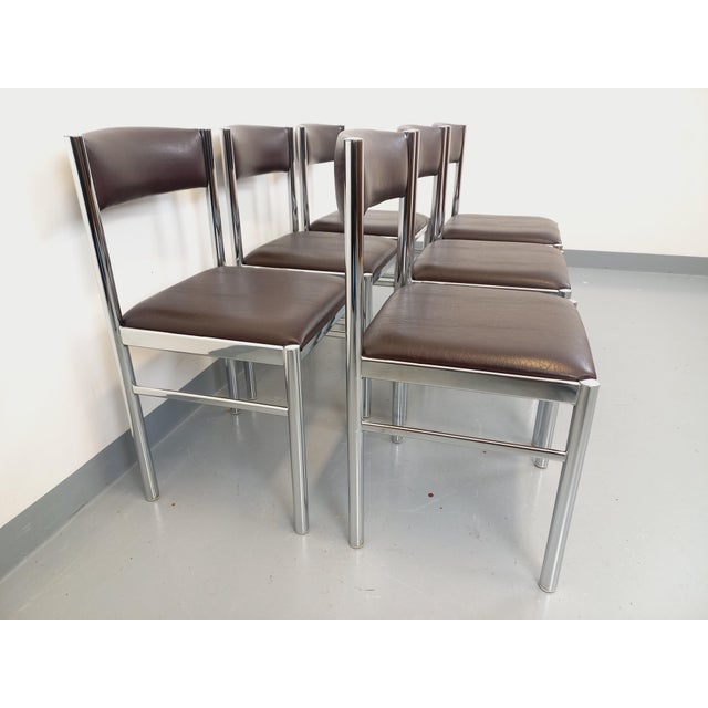 Vintage Chairs in Chromed Metal and Brown Imitation Leather, 1970s, Set of 6 For Sale - Image 17 of 18