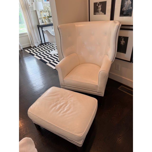 Modern White Leather Wing Chair and Ottoman For Sale - Image 3 of 6