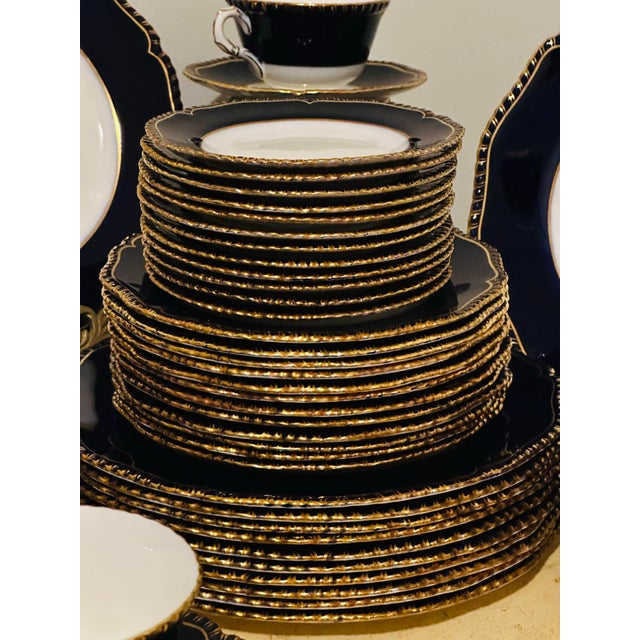 72 Pieces Royal Worcester English Porcelain Dinnerware Navy Blue & Gold Encrusted Set for 12 People For Sale - Image 9 of 12