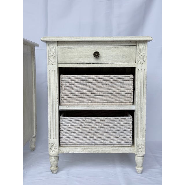Late 20th Century Pair of Distressed French Style Nightstands With Woven Basket Shelves For Sale In New York - Image 6 of 10