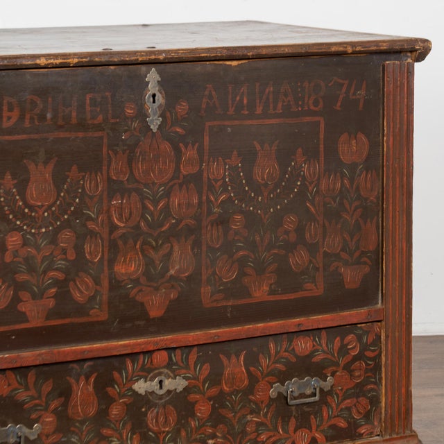 Original Painted Tall Pine Flat Top Trunk Dated 1874 For Sale - Image 12 of 18