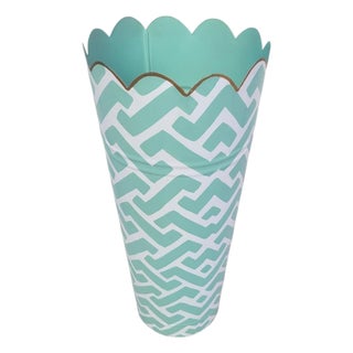 Scalloped Metal Geometric Pale Blue White Palm Beach Regency Umbrella Stand Holder For Sale