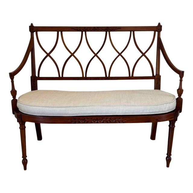 Vintage Regency Carved Wood & Cane Seat Bench For Sale