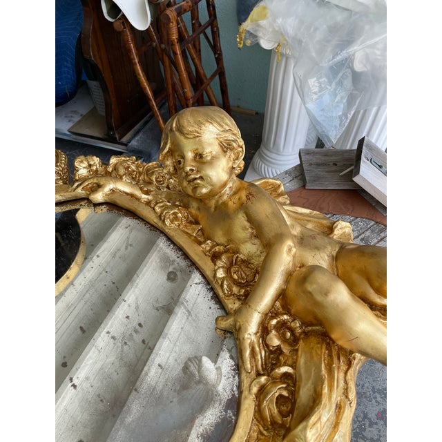 Gold Restored Vintage 1960s Cherub Wall Mirror – Faux Gold Leaf Finish, Epoxy Resin Frame, Crown & Putti Design For Sale - Image 8 of 8