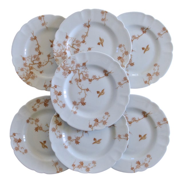Antique Limoges Porcelain Dessert Plates with Bird Decoration from Charles Haviland, 1930s, Set of 7 For Sale