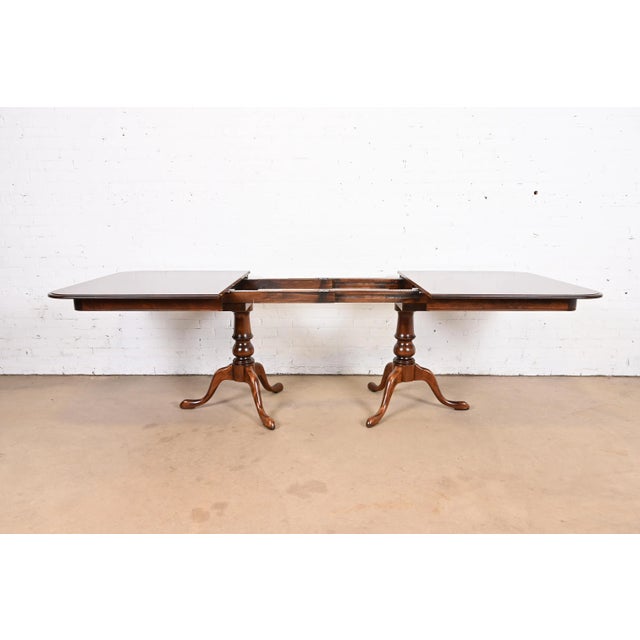 Ethan Allen Georgian Solid Cherry Wood Double Pedestal Extension Dining Table, Newly Refinished For Sale In South Bend - Image 6 of 12