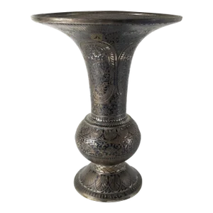 19th Century Indian Bidri Ware Champleve Silvered Bronze and Black Enamel Vase