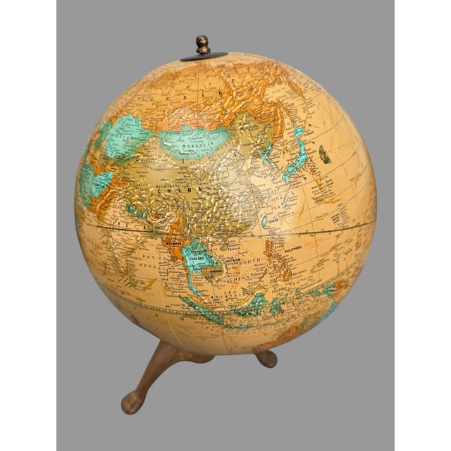 American Cram's Imperial World Globe With Textured Mountain Ranges & Paw Footed Iron Base For Sale - Image 3 of 12