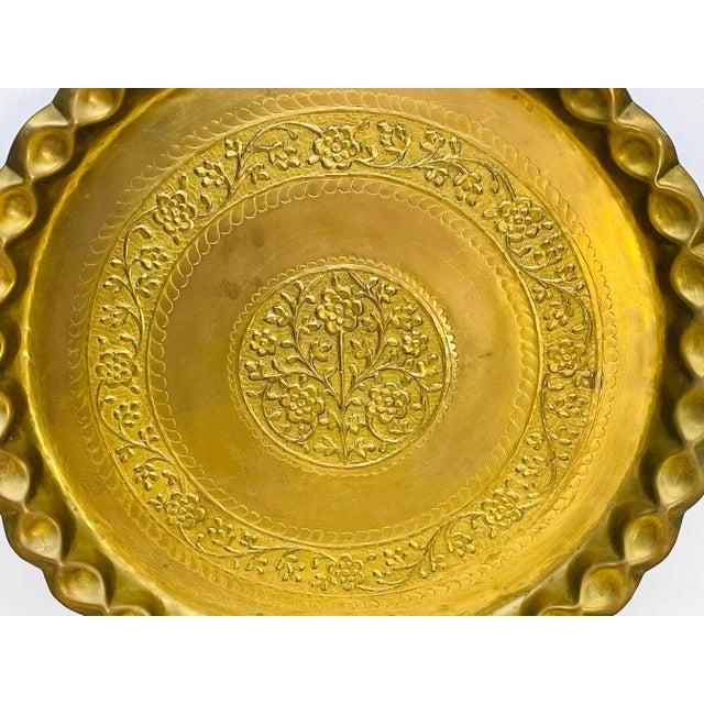 Vintage 1950s large floral brass thick tray with scalloped edge. Can be used as a table tray or serving tray. No marks.