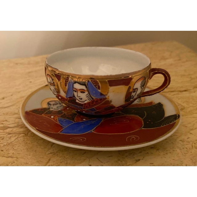 Elegant vintage, Satsuma Dragon tea set made of Moriage Lithophane Geisha eggshell fine porcelain. The bottom of each cup...