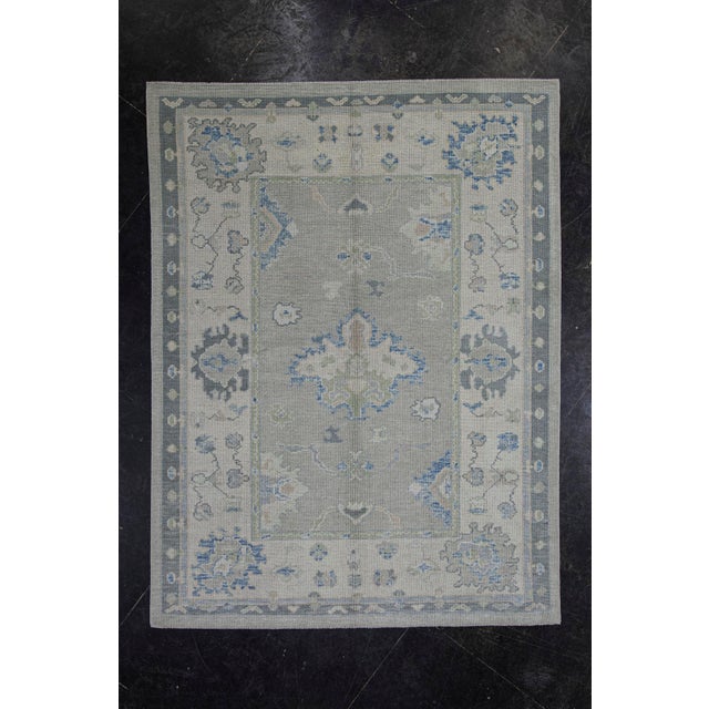 Textile Turkish Oushak Rug Green & Blue Handwoven Wool Rug 5'3" X 6'11" For Sale - Image 7 of 9