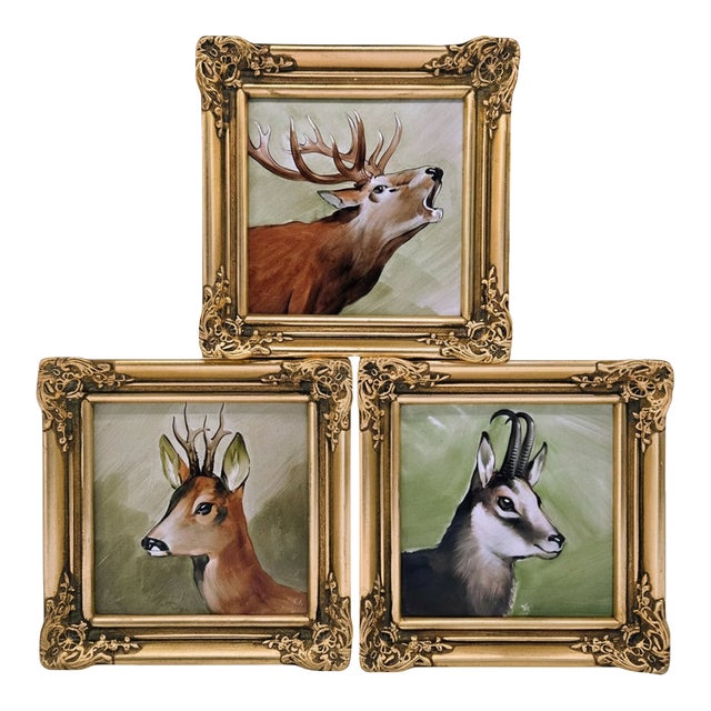 Sommer Garmisch Hand-Painted Porcelain Plaques – Set of 3, Rococo Gilt Frames For Sale
