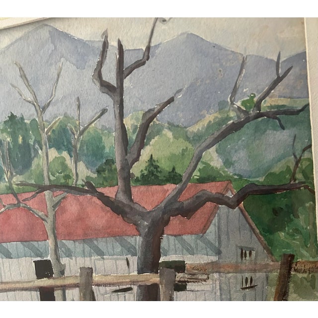 Farmhouse Vintage Original Watercolor Painting “Red Roof Farmhouse”, Framed For Sale - Image 3 of 9