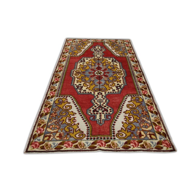 Sky Blue Turkish Vintage Rug Red & Sky Blue Handwoven Wool Runner 4'8" X 8' For Sale - Image 8 of 8