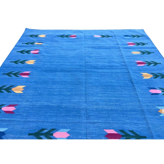 Textile Handmade Cotton Rug, Natural Vegetable Dyed Sky Blue Leaf Pattern Rug Dhurrie - 8'x8' For Sale - Image 7 of 11
